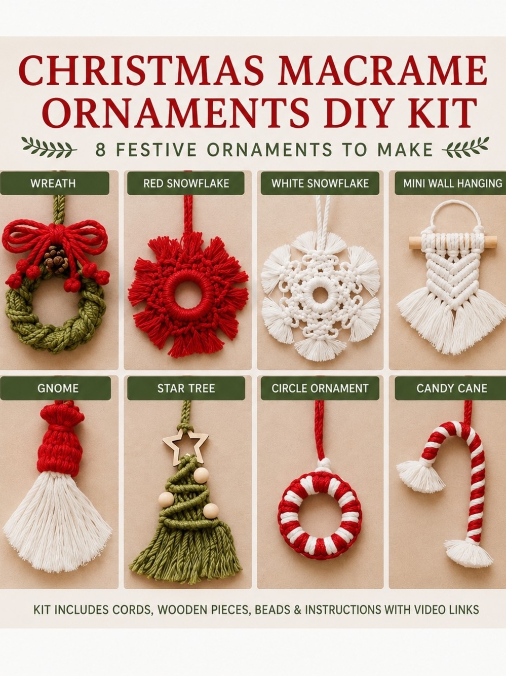 Christmas Macrame Ornament DIY Kit – Makes 8 Ornaments